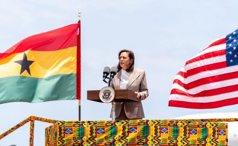 United States Vice President Kamala Harris speaks during her arrival in Ghana on March 26, 2023