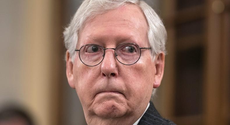 Senate Minority Leader Mitch McConnell, R-Ky., listens as the Senate Rules Committee holds a hearing on the For the People Act, which would expand access to voting and other voting reforms, at the Capitol in Washington, Wednesday, March 24, 2021.
