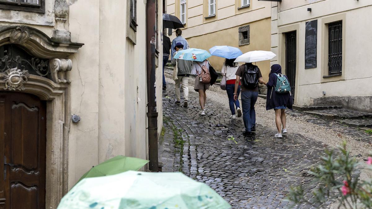 Ľudia kráčajú s dáždnikmi