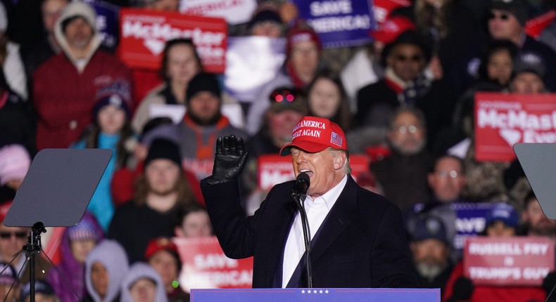 Former US President Donald Trump speaks to the crowd during a rally at the Florence Regional Airport on March 12, 2022 in Florence, South Carolina.