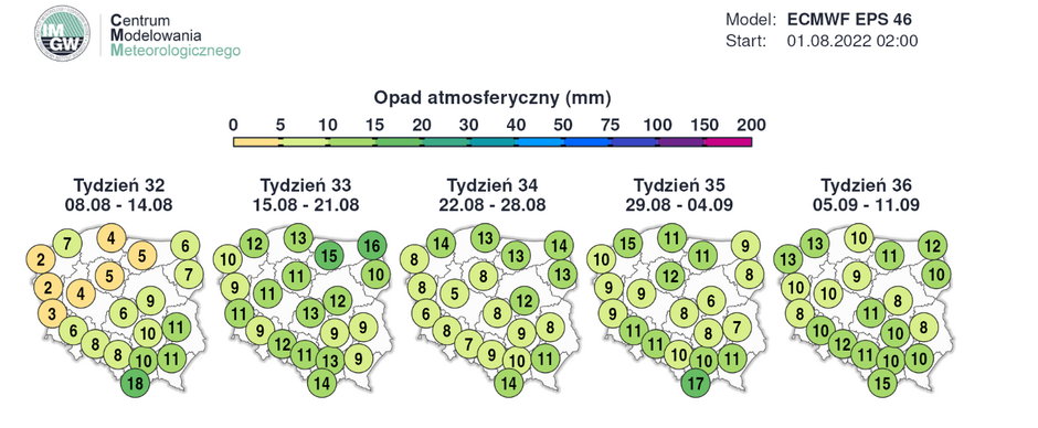 Prognozowane sumy opadów w Polsce w najbliższych tygodniach