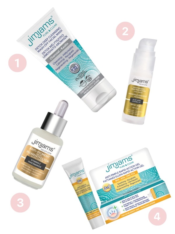 1. Pure & Clear Detox Mélytisztító lemosható arcmaszk JIMJAMS 2. Serum Line Hidratáló fényvédő arckrém SPF30 JIMJAMS 3. Serum Line Pigmentfoltok elleni C-vitamin szérum JIMJAMS 4. Pure & Clear Pattanás elleni gél JIMJAMS - keresd a GLAMOUR JimJams Exkluzív Box-ot a glamourbeautybox.hu oldalon!