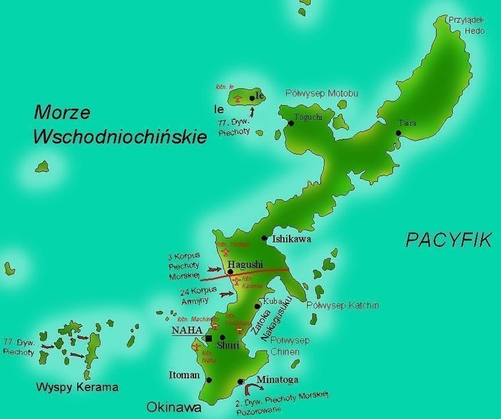 Mapa przedstawiająca desant amerykański na Okinawę (aut. Ssawka, CC BY-SA 3.0)