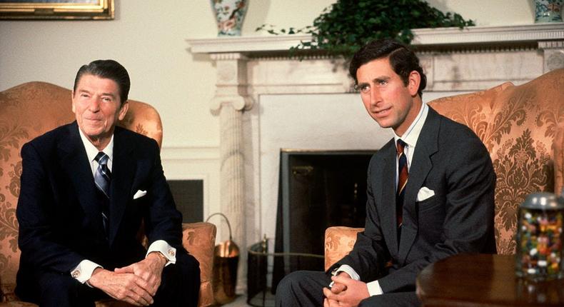 King Charles (then Prince of Wales) on a brief visit to Washington, meets with President Ronald Reagan in the Oval Office.Wally McNamee/CORBIS/Corbis via Getty Images