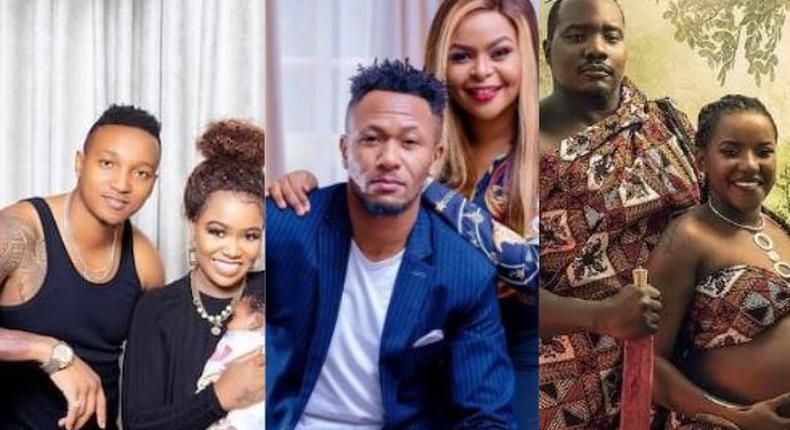 A collage image of Brown Mauzo with Vera Sidika, DJ MO with Size 8 and Willys Raburu with Ivy Namu