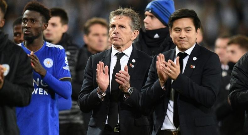 Leicester City manager Claude Puel (centre) applauds fans following the Premier League match against Burnley at the King Power Stadium