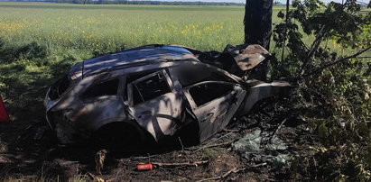Koszmarny wpadek pod Oławą. Mazda uderzyła w drzewo. Kierowca zginął w płomieniach