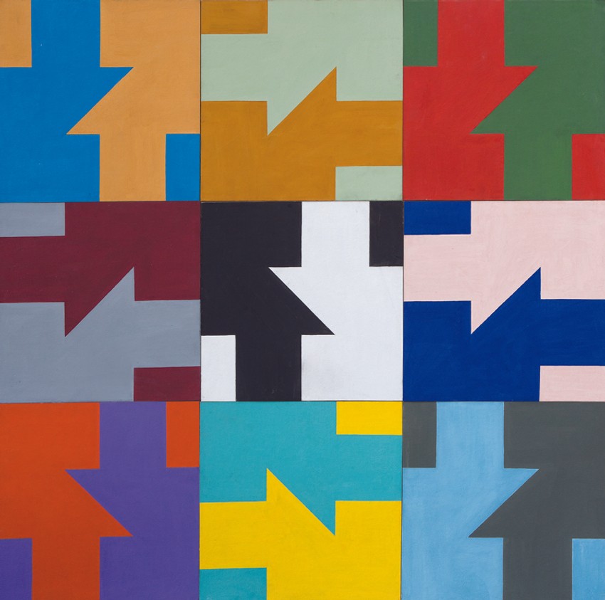 Sada ovde - tamo tada (2016) pigmenti sa akrilnim vezivom na impregniranom kartonu 106,5x106,5