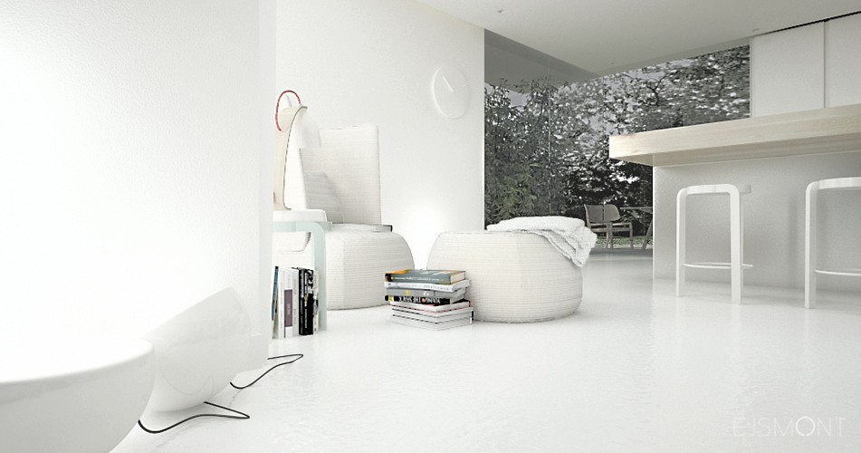 Minimalistyczna, biała strefa dzienna - projekt Ejsmont