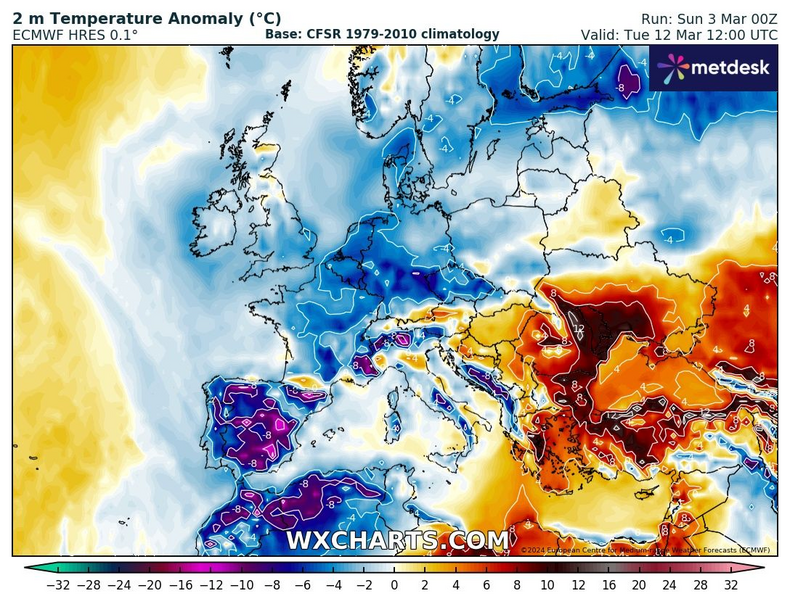 Początek przyszłego tygodnia to również dominacja niezbyt ciepłego powietrza nad Europą