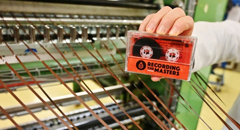 An audio cassette made with magnetic strips in the production plant of Mulann, in Avranches, northwestern France