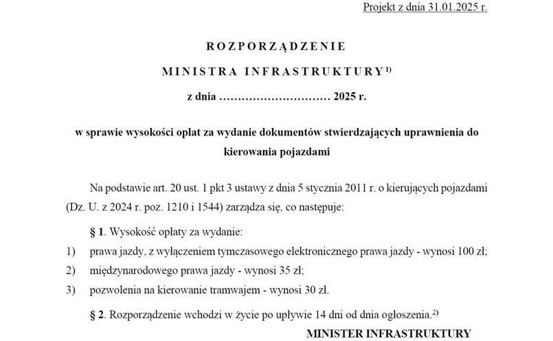 Rozporządzenie Ministerstwa Infrastruktury w sprawie wysokości opłat za wydanie dokumentów uprawniających do kierowania pojazdami