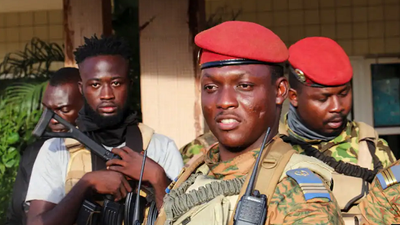 Burkina Faso’s military leader, Ibrahima Traore, is escorted by soldiers in Ouagadougou, Burkina Faso. (FILE)