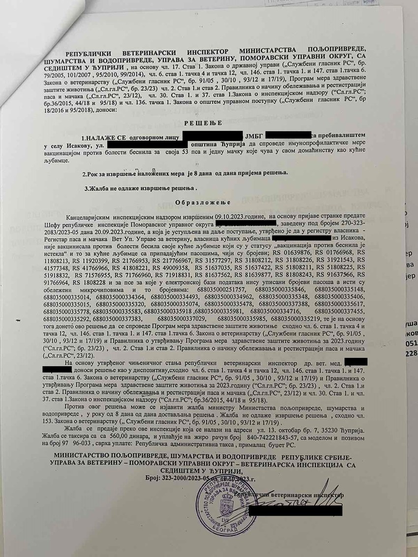 Rešenje o vakcinaciji 53 psa i jedne mačke