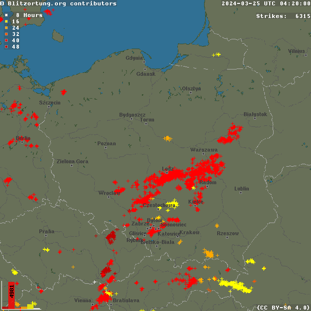Wyładowania atmosferyczne w Polsce w czasie ostatnich 48 godzin