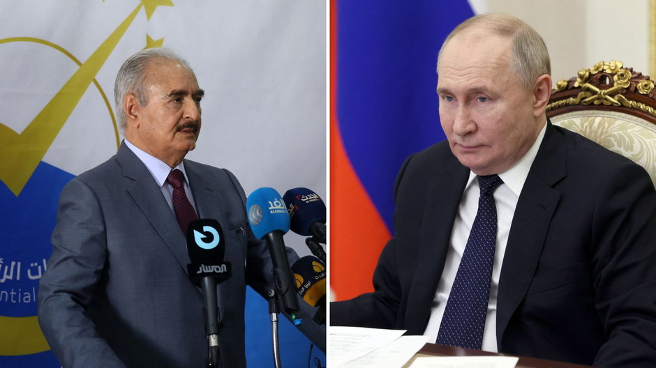 Po lewej: Chalifa Haftar, po prawej: Władimir Putin