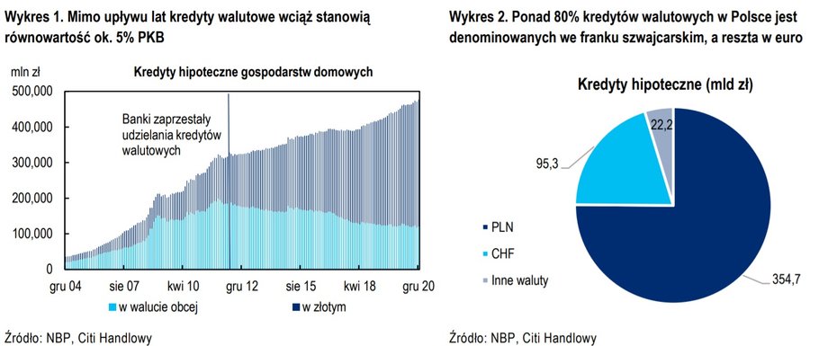 Mimo upływu lat kredyty walutowe wciąż stanowią równowartość ok. 5 proc. PKB, a ponad 80 proc. kredytów walutowych w Polsce jest denominowanych we franku szwajcarskim.