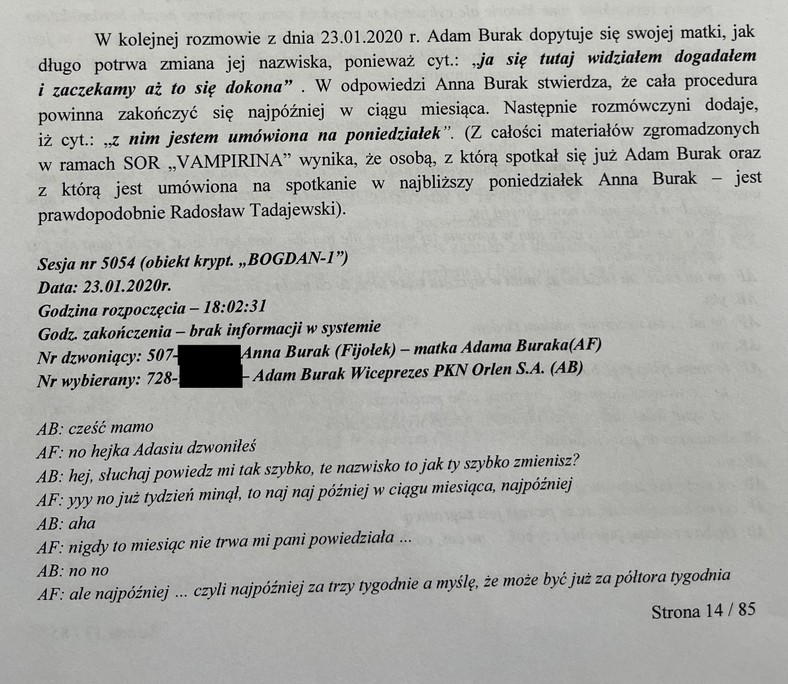 Fragment analizy materiałów operacyjnych zgromadzonych w ramach operacji specjalnej CBA o krypt. "Vampiryna"