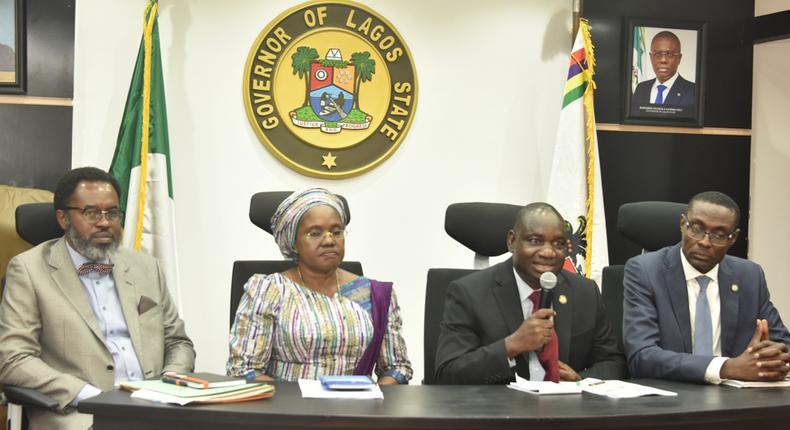 L-R: Attorney General/Commissioner for Justice, Mr Moyosore Onigbanjo, SAN; Secretary to the State Government, Mrs Folashade Jaji; Commissioner for Information and Strategy, Mr Gbenga Omotoso and his counterpart for Transportation, Dr Frederic Oladeinde, during a press briefing on Advocacy and Enforcement of Traffic Law in the State, at the Lagos Hosue, Alausa, Ikeja, on Monday, Jan. 13, 2020. (NAN)