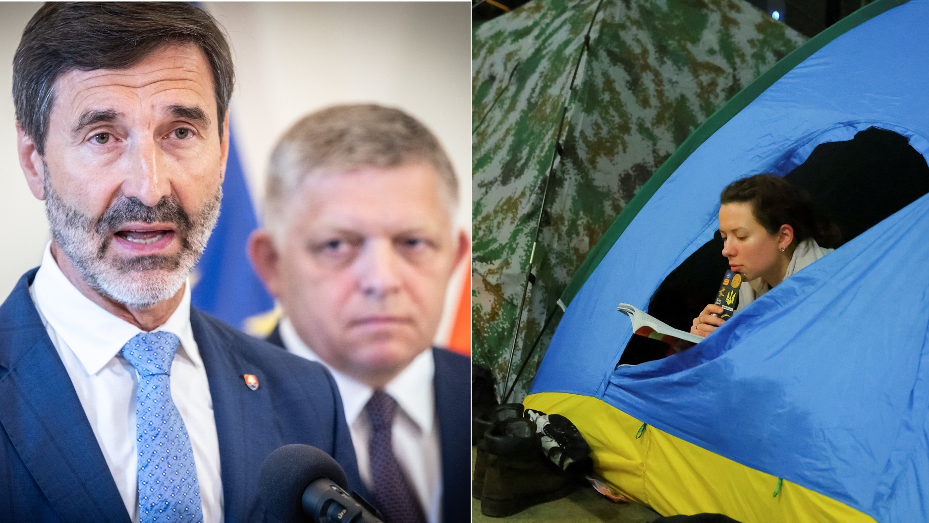 Minister Juraj Blanár, premiér Robert Fico a žena v stane na jednej zo staníc kyjevského metra, ktoré je útočiskom pre vymrznutých ľudí počas ruských útokov