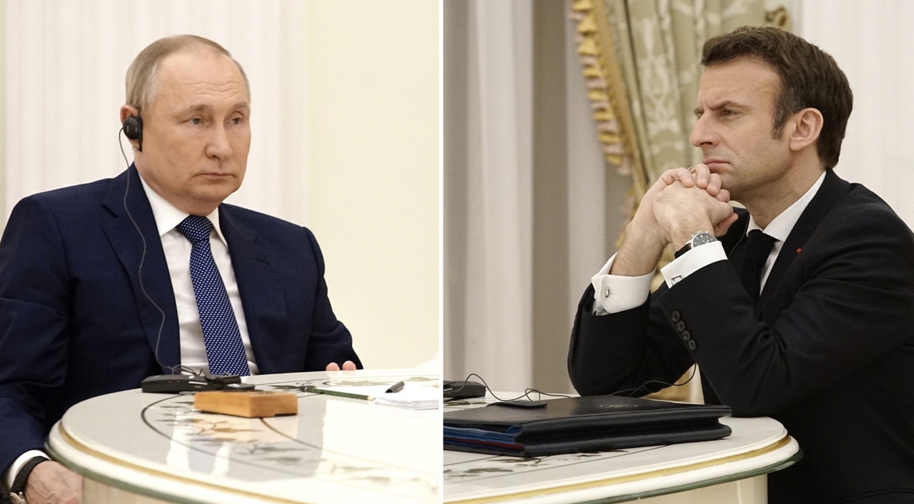 Ruský prezident Vladimir Putin a francúzsky prezident Emmanuel Macron. 