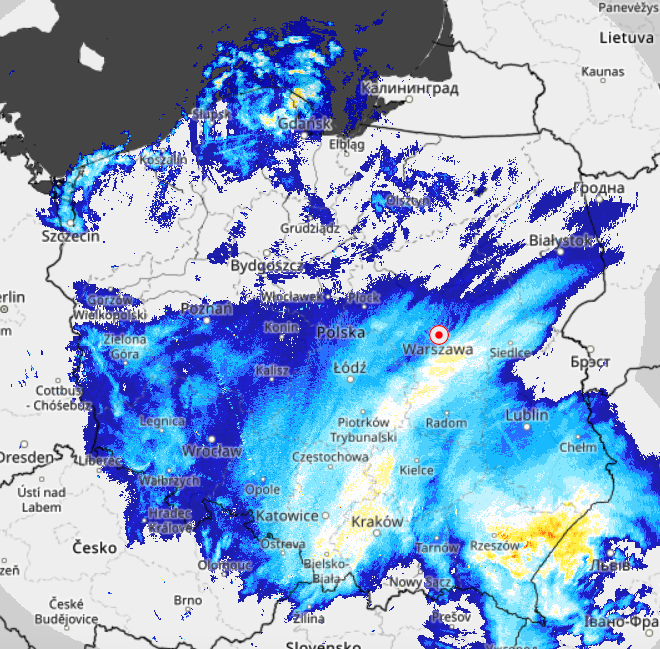 Strefa rozległych opadów widoczna na radarze.