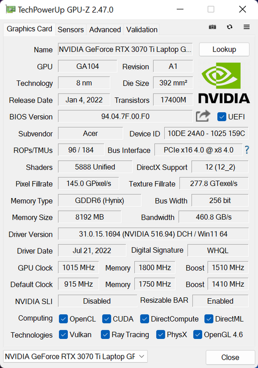 Acer Nitro 5 (AN515-58) – GPU-Z – specyfikacja RTX 3070 Ti Laptop GPU [150W]