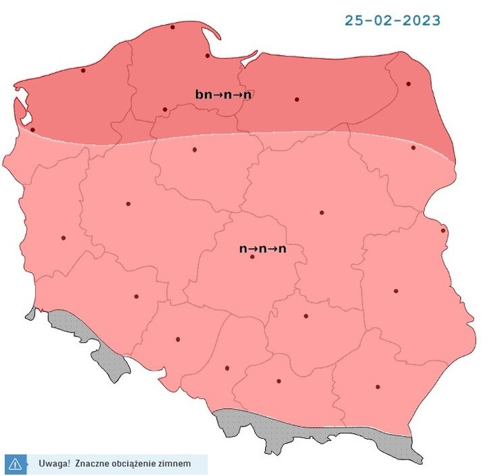 Biometeorologiczna ocena pogody prognozowanej na 25.02.2023. Źródło: IMGW-PIB