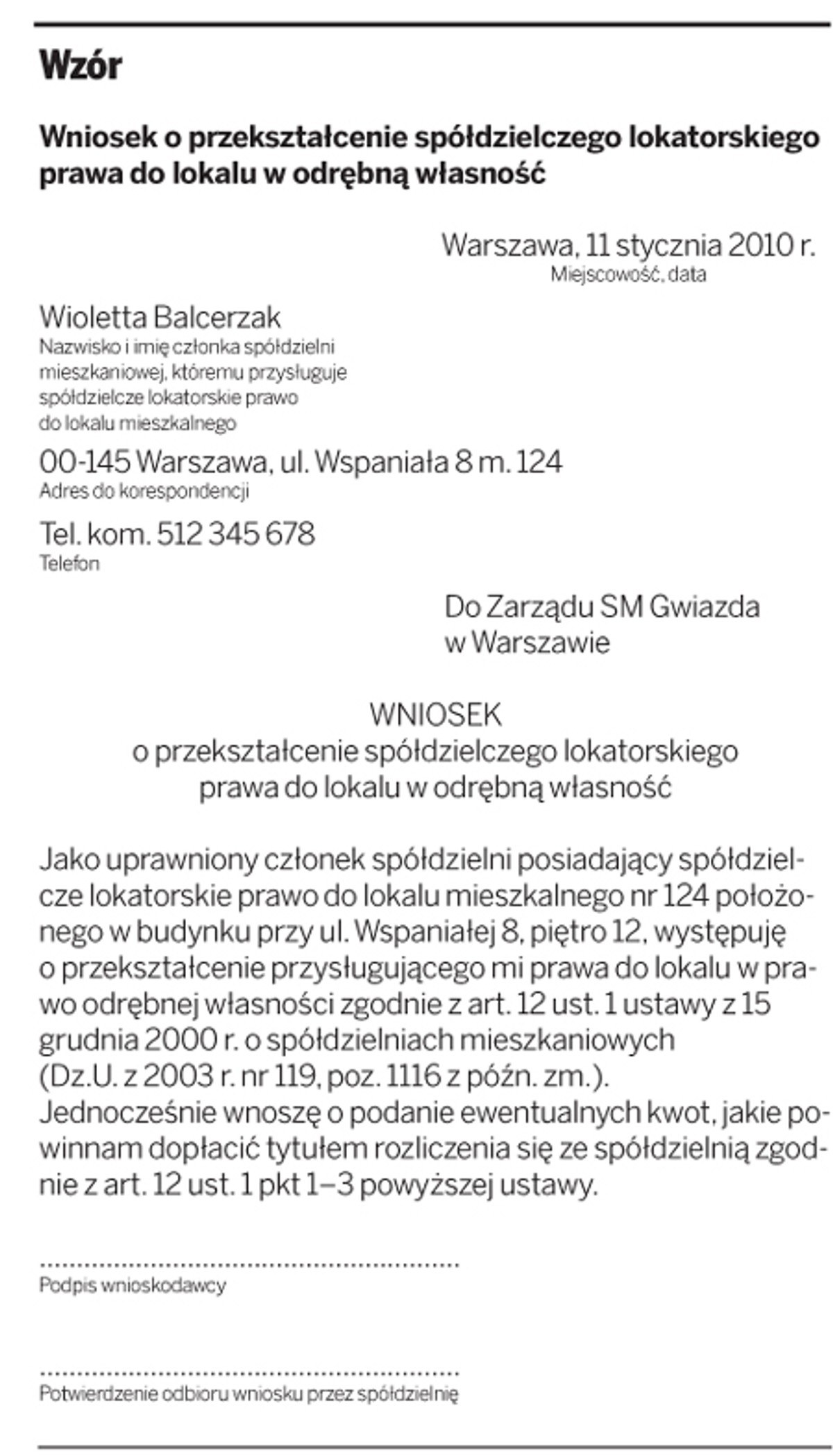 Wzór wniosku o przekształcenie spółdzielczego lokatorskiego prawa do lokalu w odrębną własność