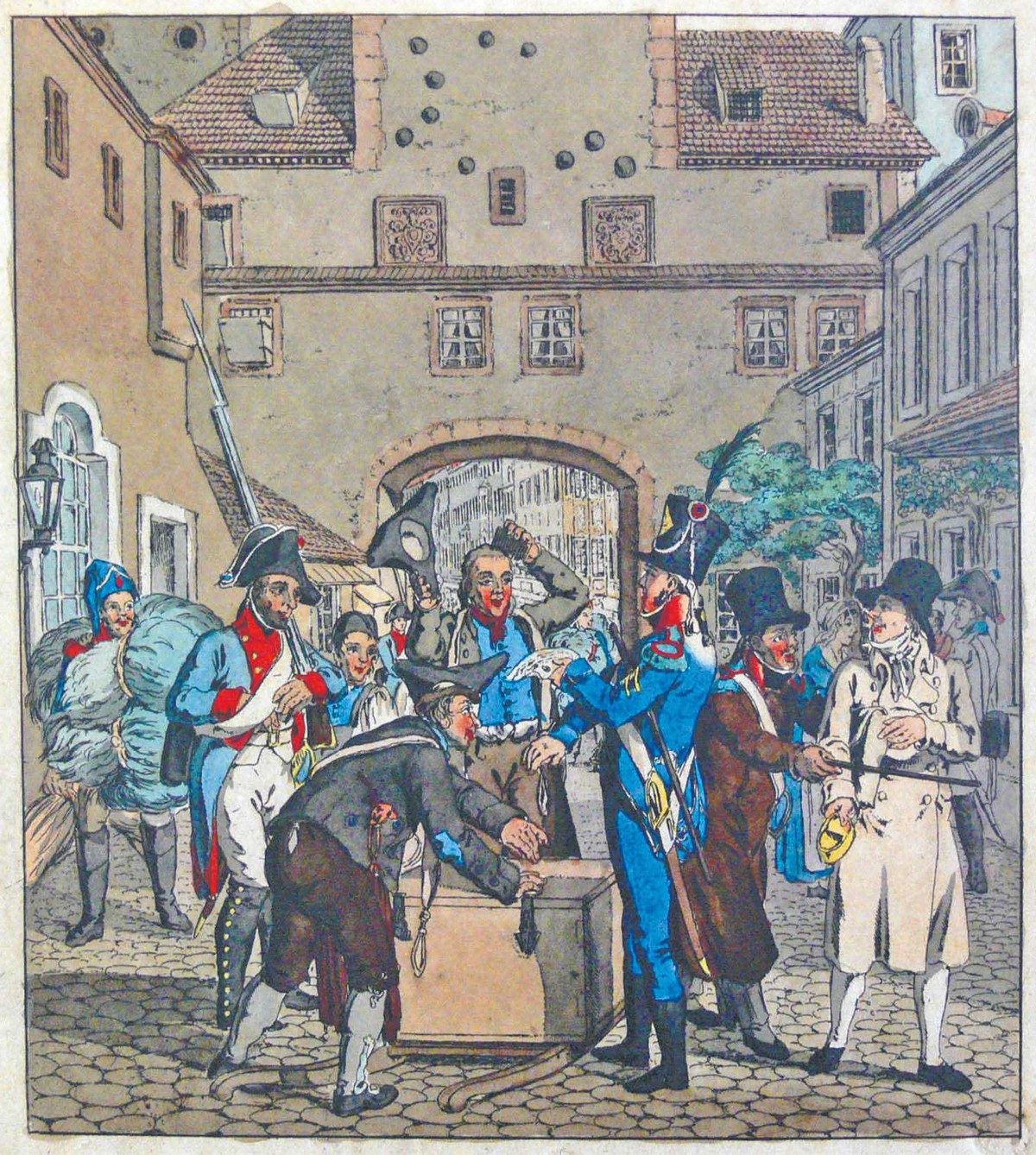 „Francuscy żołnierze przeszukują pakunki w Lipsku”, ilustracja Gottfrieda Heinricha Geißlera z 1824 r.
