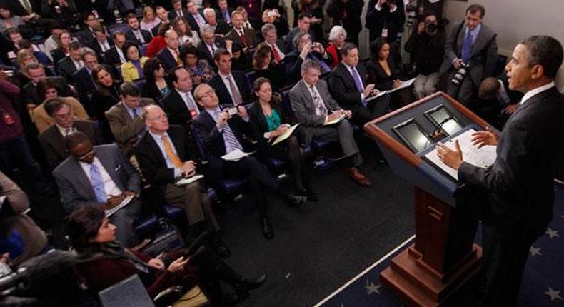 President Barack Obama speaks in the James Brady Press Briefing Room of the White House.