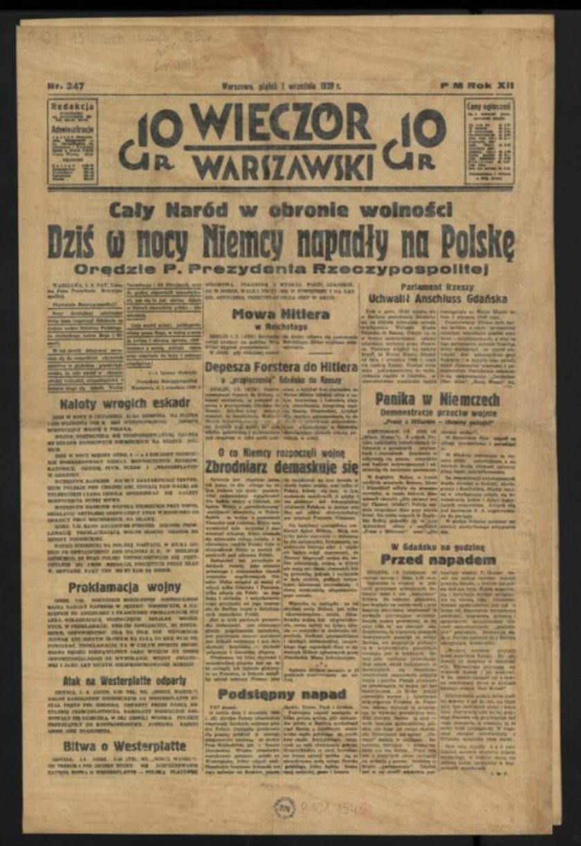 Nagłówki gazet z 1 września 1939 roku.