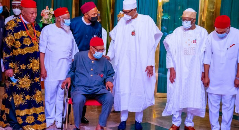 President Muhammadu Buhari with Igbo leaders led by First Republic parliamentarian and Minister of Aviation, Mbazulike Amaechi (seated) at the State House, Abuja on Friday, November 19, 2021. ( Buhari Sallau /Facebook)