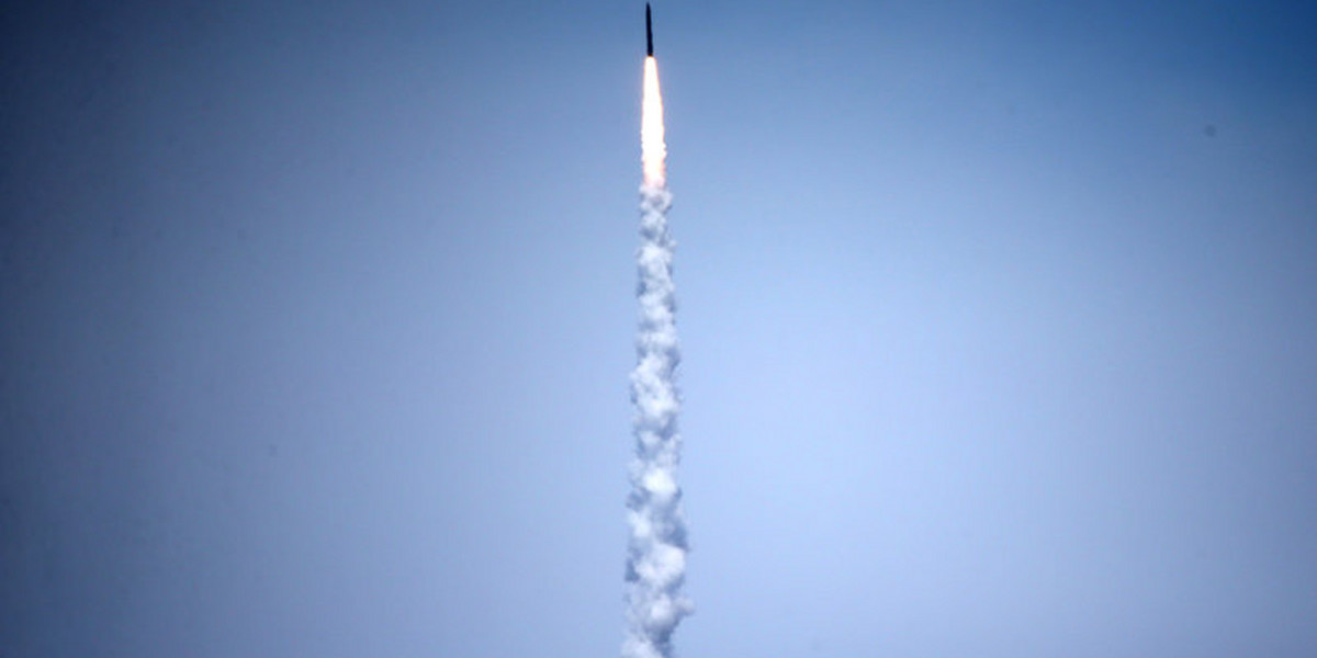 The ground-based midcourse defense element of the US ballistic-missile defense system launching during a flight test from Vandenberg Air Force Base.