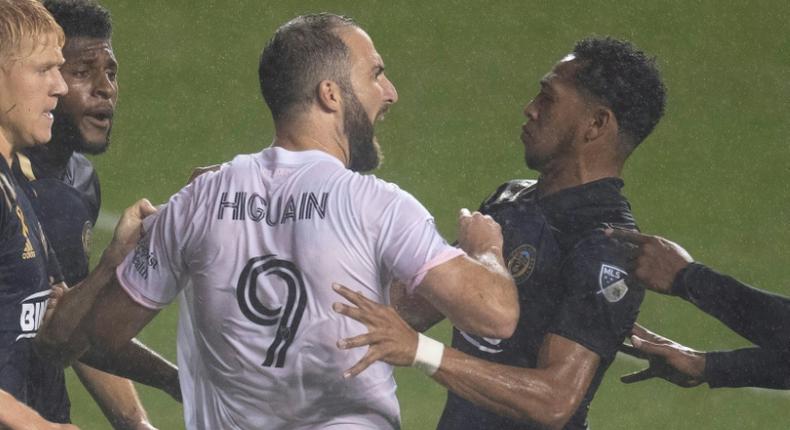 New Inter Miami striker Gonzalo Higuain scuffles with Philadelphia Union players during his stormy debut last weekend