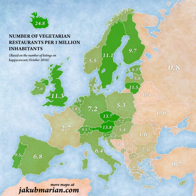 Mapa pokazują liczbę wegetariańskich restauracji