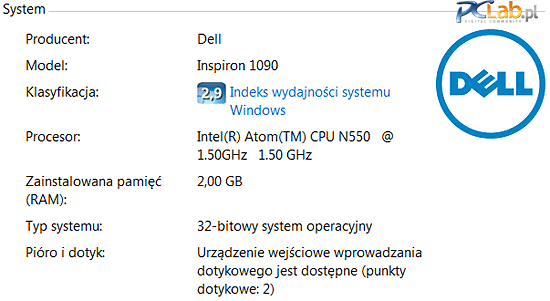 Producent zainstalował na dysku system operacyjny Windows 7 Home Premium w wersji 32-bitowej. Pamięć operacyjna liczy 2 GB – więcej nie obsłużyłby procesor