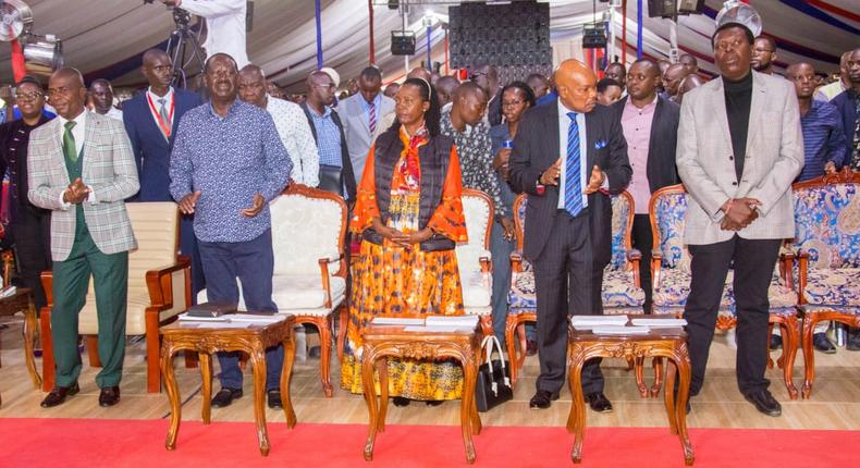 File image of Raila Odinga, Marta Karua, Eugene Wamalwa at a past Sunday service