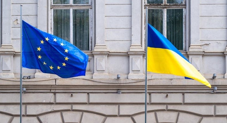 The European Union flag flies in the wind in Lviv, Ukraine. The EU is trying to find of ways to fund Ukraine,Global Images Ukraine/Getty Images