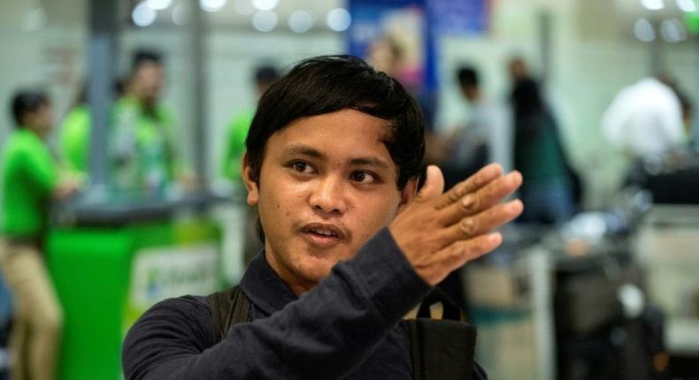 Filipino fisherman Rolando Omongos, 21, arrives at the Manila International Airport on March 29, 2017