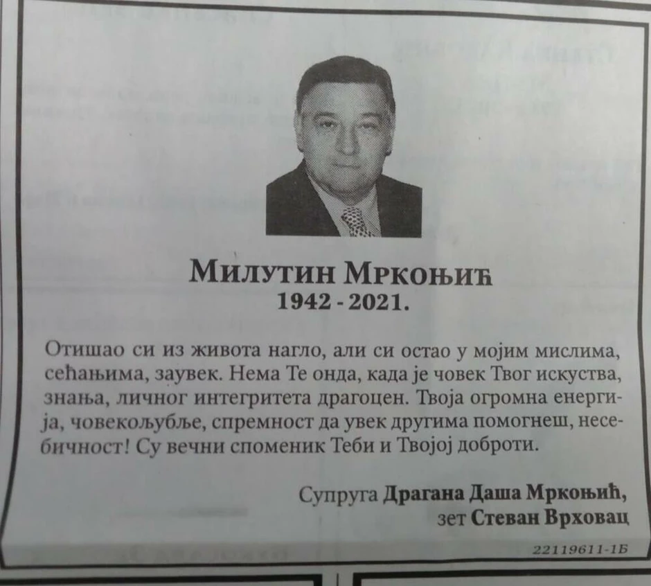 Milutin Mrkonjić - čitulja supruge Daše 