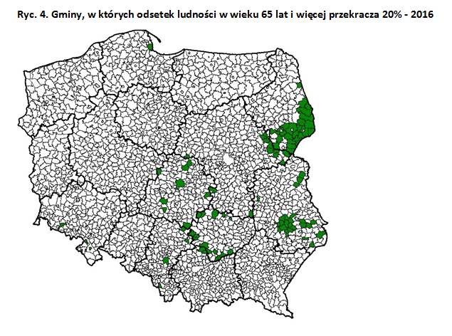 W 2016 r. odsetek osób w wieku 65 i więcej lat był wyższy niż 20% w zaledwie 107 (ok 4%) gminach. Gminy 
te były położone przede wszystkim w województwie podlaskim oraz lubelskim  - podaje GUS.