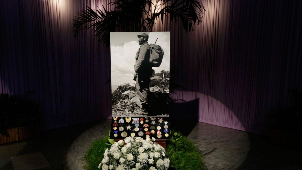 A photograph of Cuba's late President Fidel Castro stands in tribute to him in Havana