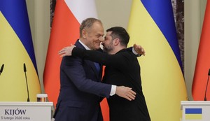Donald Tusk i Volodimir Zelenski na konferenciji u Kijevu nakon sastanka 5. februara
