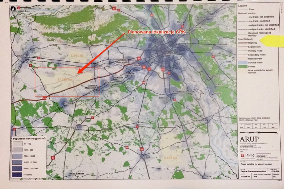 Mapa pokazuje potencjalne lokalizacje. Ta w rejonie Stanisławowa dysponuje niemal 4-krotnie większym areałem niż wymagane 3 tys. ha pod budowę CPK