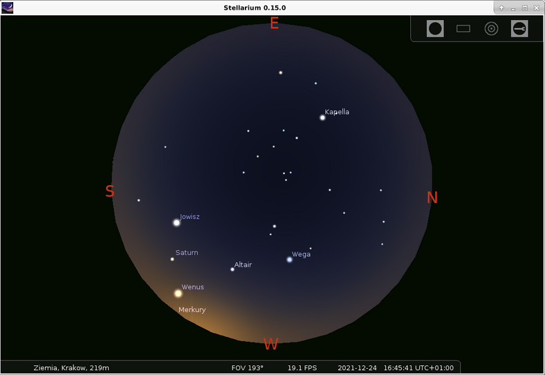 Wigilia 2021, niebo nad Małopolską, pierwsze gwiazdy i planety około godziny 17