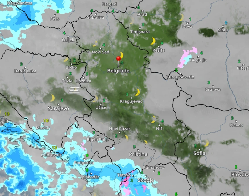 Kretanje kiše u Srbiji u 19 časova 