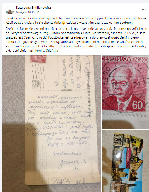 Pocztówka doszła po 43 latach z Pragi do Gdańska (Screen: Facebook/Nec Temere Nec Timide)