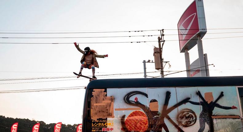 Sky Brown jumping off bus