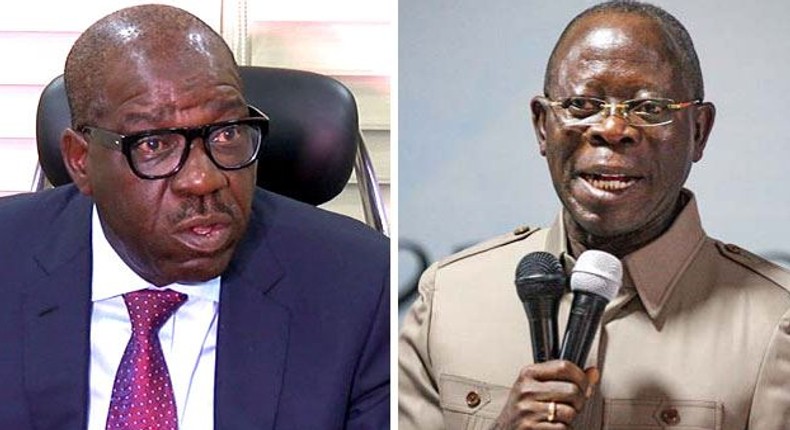 Governor Godwin Obaseki of Edo State and his predecessor, Adam Oshiomhole. [ChannelsTV]